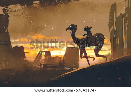 sci-fi scene of man on futuristic camel running in apocalypse city at sunset, digital art style, illustration painting