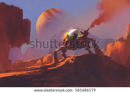  sci-fi scene of the man in the robotic vehicle on red planet,illustration painting