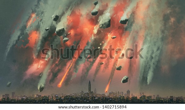 隕石のsfシーンが市上空で爆発する デジタルアートスタイル イラトスペイント のイラスト素材