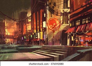 sci-fi scene of shopping street,futuristic cityscape,illustration