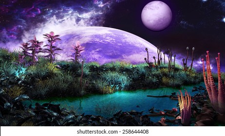 Scifi Scenery With Blue River, Alien Plants, Planet And Moon