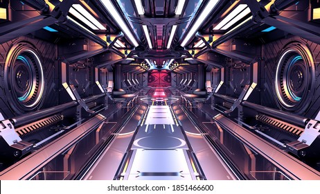 SF宇宙ステーションの廊下か暗い鏡面反射的な宇宙船の内部。 3Dイラスト
