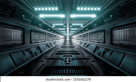 Sci-fi Spaceship Corridors Background, 3d Render.