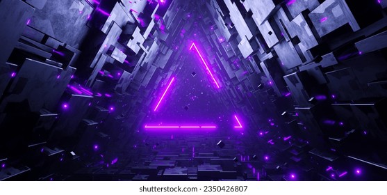 Sci-fi triangle tunnel with neon triangle sign concept background. Futuristic spaceship metal retro corridor. Modern neon lighting. 3d render - Powered by Shutterstock