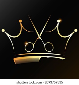 Scissors with a comb and a gold crown. Unique symbol for hair stylist and beauty salon