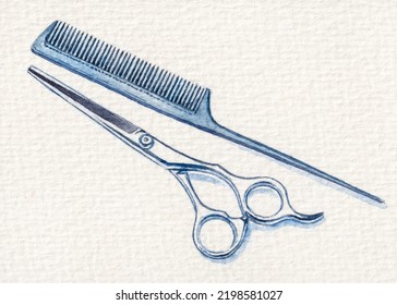 Scissors And Comb. Professional Barber Scissors Or Shears, Comb For Man Or Woman Haircut. Hairdresser Salon Equipment. Watercolor Painting. Acrylic Drawing Art. A Piece Of Art.