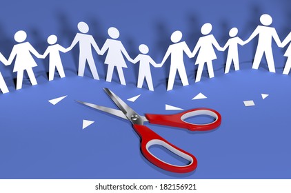 Scissors cut out paper doll chain families to join in social community