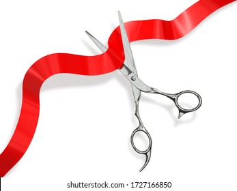 Scissors cut red ribbon 3d rendering