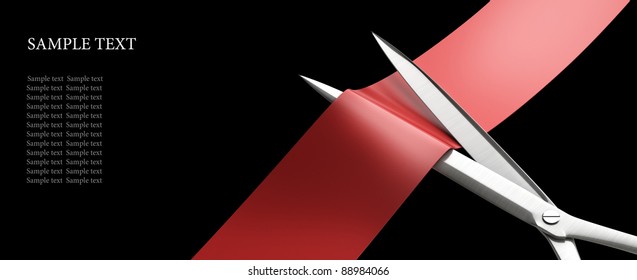 Scissors cut the red ribbon closeup isolated on black. High resolution. 3D image