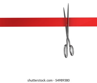 Scissors cut the red ribbon, isolated on white background, top view