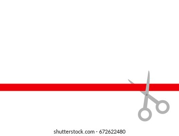 Scissors Cut Straight Red Ribbon. Business Beginnings Event. Launch Startup Concept. Grand Opening Celebration Sign Symbol. Flat Design Style. White Background. Isolated. 