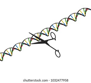 Scissors Cutting DNA Strand, Genetic Engineering, 3D Render, Isolated On White