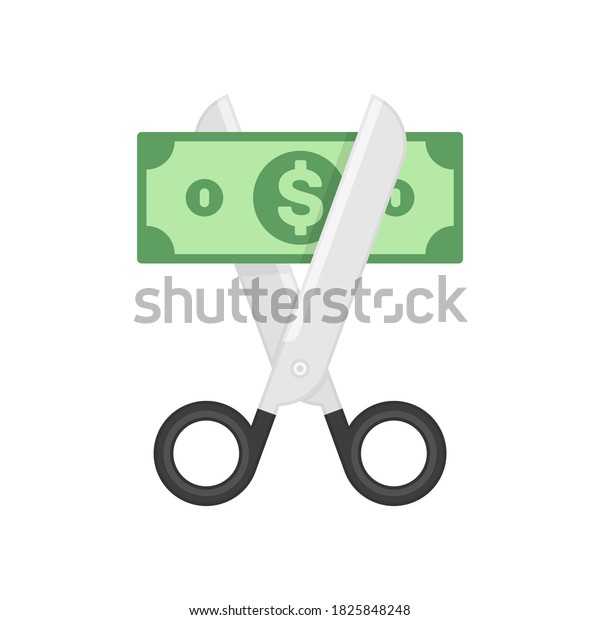 Scissors cutting money. Sale and Discounts\
symbol. Concept of cost reduction or cut price.\
