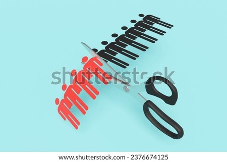 Scissors cutting a paper craft of a row of human shaped outline on blue background. 3D illustration of the concept of layoff and downsizing of staff