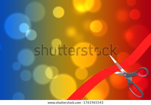Scissors\
Cutting Red Ribbon with Blank Space for Your Design in Front of\
Multicolor Absctract background. 3d\
Rendering
