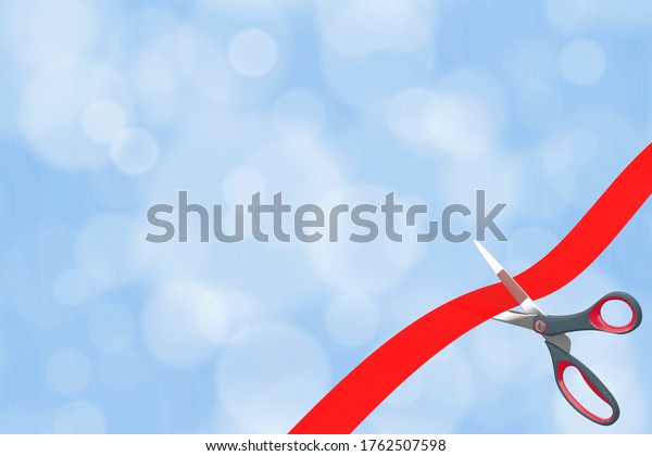 Scissors Cutting\
Red Ribbon with Blank Space for Your Design in Front of Blue\
Absctract background. 3d\
Rendering