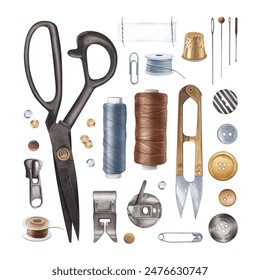 Scissors, thread, presser foot, bobbin, needles, pin, buttons, sequins, stitches. Sewing accessories and parts. Watercolor illustration. Tailor's tools