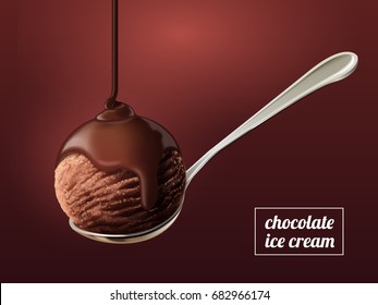 Scoop Of Chocolate Ice Cream, Premium Chocolate Sauce Dripping From Top Isolated On Scarlet Background In 3d Illustration