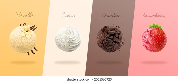 Scoops of ice cream with pieces of vanilla, cream, chocolate and strawberry. 3D illustration