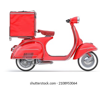 Scooter Express Delivery Service. Red Motor Bike With Delivery Bag Isolated On White. 3d Illustration