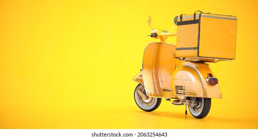Scooter express delivery service. Yellow motor bike with delivery bag  on yellow background.  3d illustration