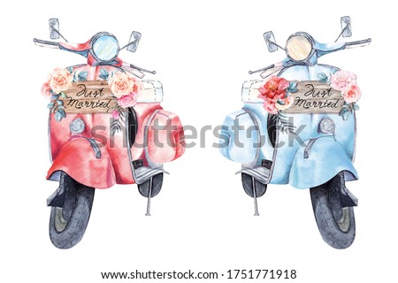 Scooter painting decorated with roses for a wedding.watercolor hand drawn.Motorbike JUST MARRIED.Illustration of a vintage red scooter on a white background.Retro motorcycle painting images.