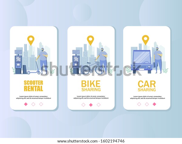 Scooter rental, bike\
and car sharing mobile app onboarding screens. Menu banner template\
for website and application development. City transport rental\
service concept.