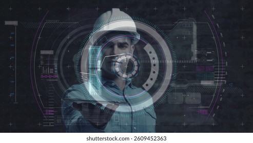 Scope scanning and data processing against 3d hologram over male architect holding digital tablet. architecture and engineering technology concept