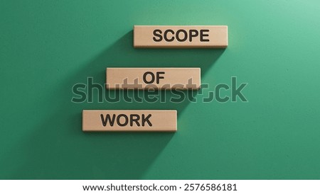 Scope of Work symbol. Concept words Scope of Work on wooden blocks.Business and Scope of Work concept. Copy space.3D rendering on green background.
