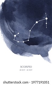 Scorpio Constellation Astrology Watercolor Illustration. Scorpio Horoscope Symbol Made Of Star Sparkles And Lines.