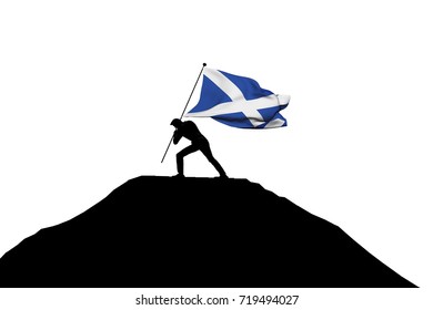 Scotland Flag Being Pushed Into Mountain Top By A Male Silhouette. 3D Rendering