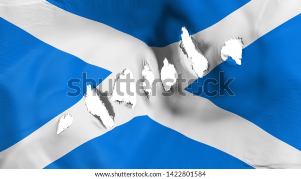 Scotland flag perforated, bullet holes, white\
background, 3d\
rendering
