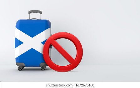 Scotland Flag Suitcase With No Entry Sign. Travel Ban Concept. 3D Render