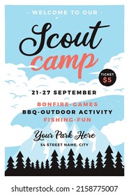 Scout camp flyer A4 format. Camping Adventure poster graphic design with mountains, forest trees and text. Stock retro card