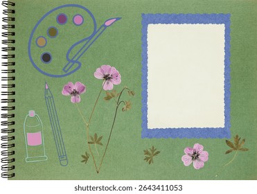 Scrapbook composition with flowers elements, brush, palette, pencil, tube and photo frame. Page for stories. Layout photo album with empty photo frames. Page from an old photo album. Flowers geranium.