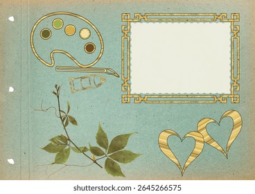 Scrapbook composition with flowers elements, brush, palette, pencil, tube and photo frame. Page for stories. Layout photo album with empty photo frames. Page from an old photo album. Grape.