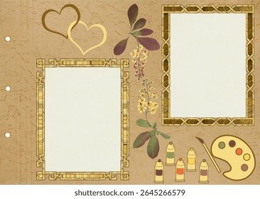Scrapbook composition with flowers elements, brush, palette, pencil, tube and photo frame. Page for stories. Layout photo album with empty photo frames. Page from an old photo album. Barberry.