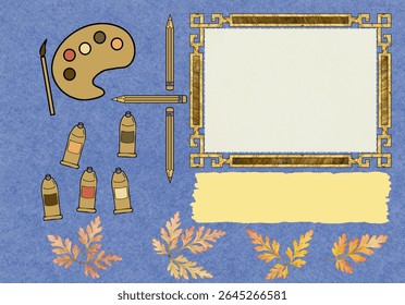 Scrapbook composition with flowers elements, brush, palette, pencil, tube and photo frame. Page for stories. Layout photo album with empty photo frames. Page from an old photo album. Geranium.