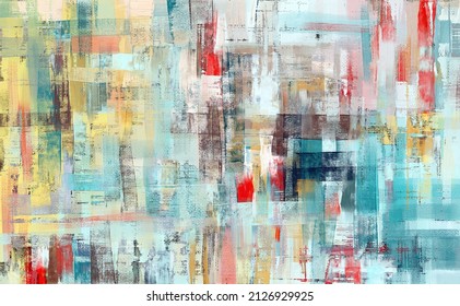 Scratched Azure Paint, Bright Artwork, Painting On Canvas. Acrylic Art, Artistic Texture. Abstract Grungy Background, Light Hand Painted, Colorful Pattern