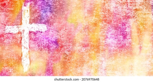 Scratched Brush Stroke Cross On Distressed Background In Bright Orange Red Yellow Purple