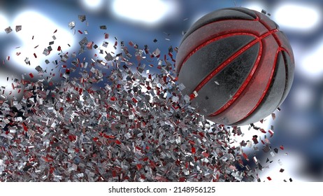 Scratched Metallic Black-Red Basketball with Rotation Particles under space ship background. 3D illustration. 3D high quality rendering. 