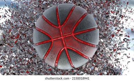 Scratched Metallic Black-Red Basketball with Rotation Particles under space ship background. 3D illustration. 3D high quality rendering. 