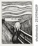 The Scream (1895) by Edvard Munch. Vintage horror scared the Scream black and white art drawing illustration, The Scream old painting art print in black and white sketch by Edvard Munch.