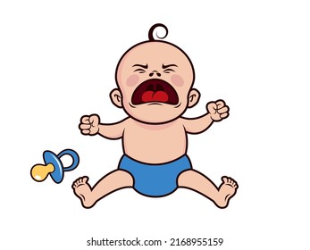 Screaming Baby Boy With Pacifier Illustration. Angry Sitting Child Cartoon Character. Yelling Baby Icon Isolated On A White Background