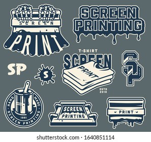 Screen printing elements collection with industrial squeegee shirts silkscreen blots inscriptions in vintage style isolated  illustration