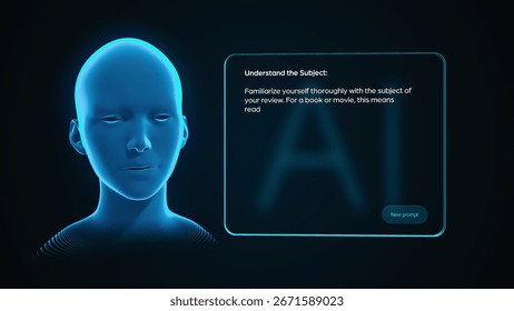 Screen Replacement with an AI LLM Software. User Typing a Prompt and Asking a Question "How to Write a Review". Internet Tool with a Robot Avatar Answering with Insightful Tips and Helpful Suggestions