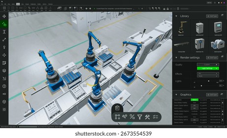 Screen Replacement Software Mockup: Advanced Manufacturing Factory: 3D CAD Software Renders Automated Production Line With Robotic Arms, assembly Conveyors. Moving and Optimizing Machinery