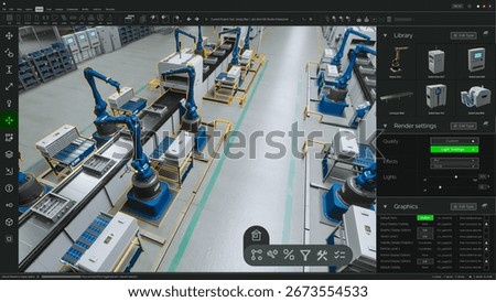 Screen Replacement Software Mockup: Advanced Manufacturing Factory: 3D CAD Software Renders Automated Production Line With Robotic Arms, assembly Conveyors. Moving and Optimizing Machinery
