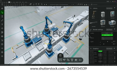 Screen Replacement Software Mockup: Advanced Manufacturing Factory: 3D CAD Software Renders Automated Production Line With Robotic Arms, assembly Conveyors. Moving and Optimizing Machinery