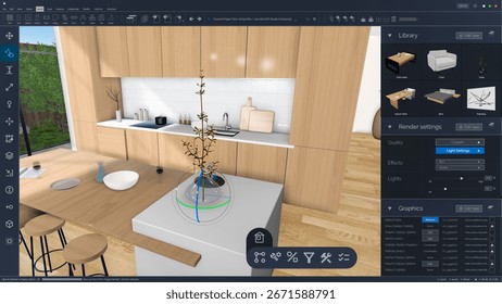 Screen Template of an Interior Design Computer Software. Designer Creating a Kitchen Space Layout, Organizing a Cozy Apartment. Interface with Customizable Render Settings and a Furniture Library